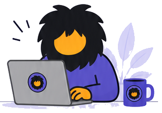 Botness mascot working on a laptop